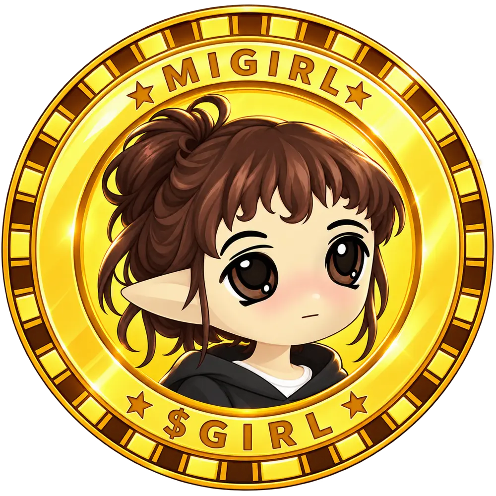 Gold Migirl $GIRL coin featuring the brown-haired anime character